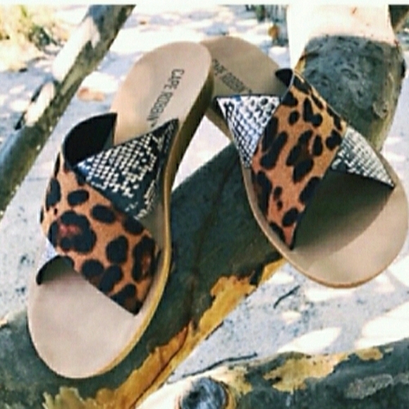 NIB Leopard Snake Slides Flat Wedge Sandal Black Tan animal BOHO sz 6 - Picture 3 of 7